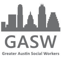 Greater Austin Social Workers Logo. Grey skyline of skyscrapers. free therapy consultation