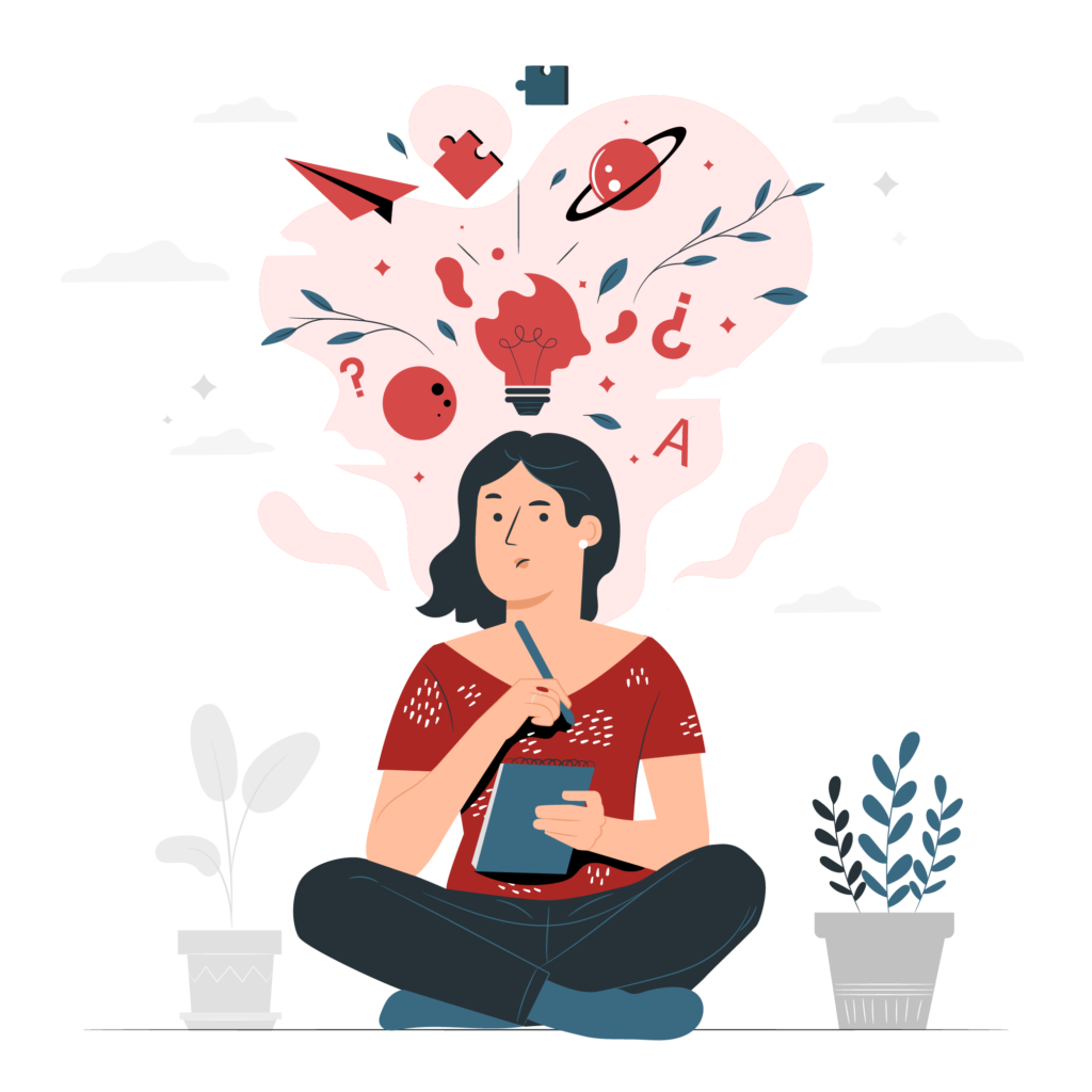 Illustration of a woman writing in a book while thinking about many different subjects at once. Has a thought bubble above her. high achieving young adults.