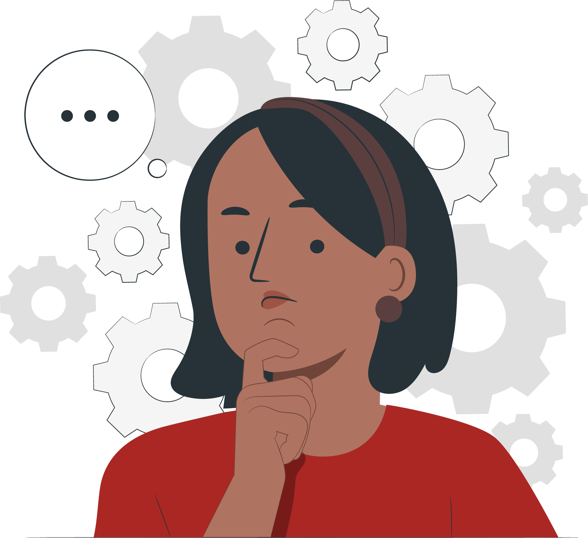 Illustration of a woman thinking with gears in the background. Overcome social anxiety and improve your social functioning. Gain strategies to manage anxious thoughts and boost confidence.