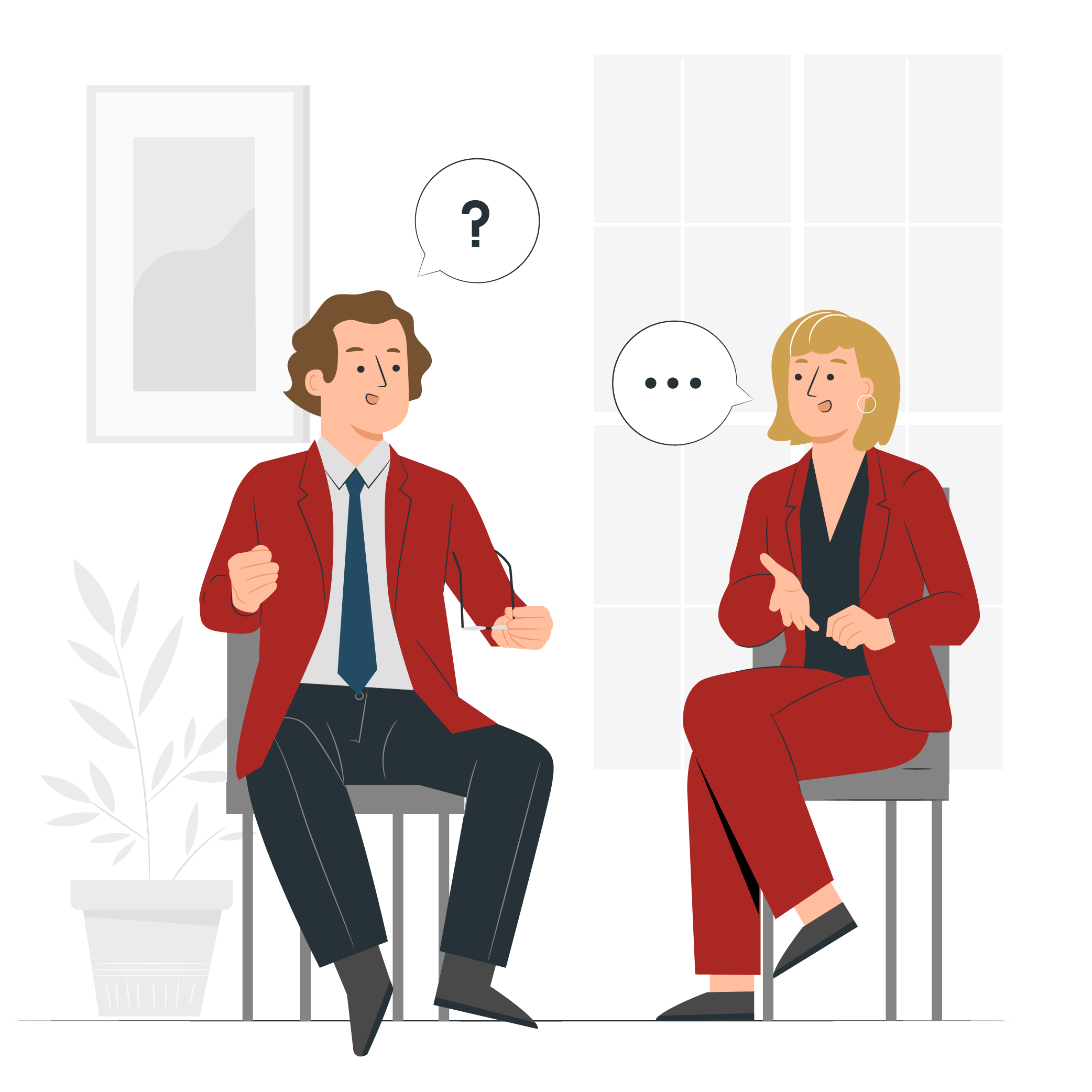 Illustration of a confused man sitting down talk to a woman therapist about his problems. Focused therapy.
