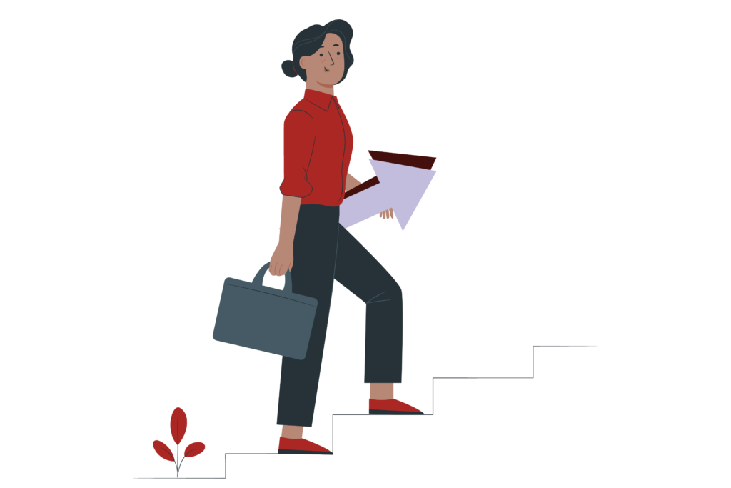 Illustration of a high achieving woman climbing steps with her briefcase. Focused therapy. high achieving young adults.
